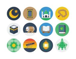 conjunto de iconos de insignia de círculo plano de ramadán con iconos relacionados con el islam y los musulmanes vector