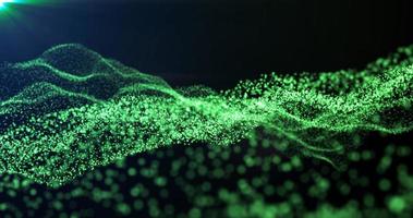 Futuristic abstract green glowing wave lines from dots and particles of shining pixels magical energy glowing neon in sunbeams. Abstract background photo