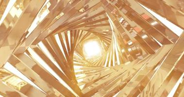 A spinning golden metal tunnel with walls of ribs and lines in the shape of a square with reflections of luminous sunbeams. Abstract background photo