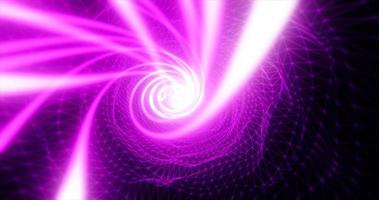 Abstract purple futuristic tunnel from a grid of particles lines glowing bright shiny neon digital magical energy on a dark background. Abstract background photo