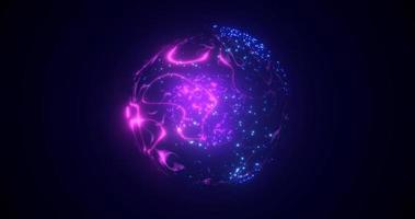 A round purple planet with a molten core in the center in space, a star sphere with an energy magical glowing field of plasma. Abstract background photo