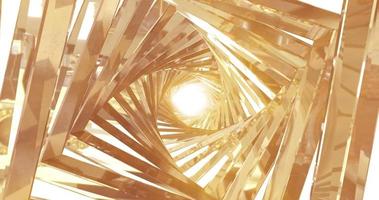 A spinning golden metal tunnel with walls of ribs and lines in the shape of a square with reflections of luminous sunbeams. Abstract background photo