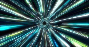 A tunnel flying at the speed of light from multi-colored blue and white moving light strips and energy beams. Abstract background photo