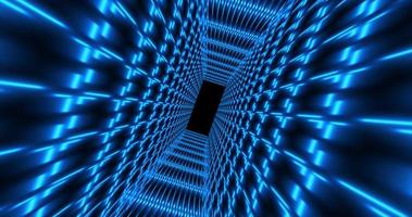 Abstract blue futuristic tunnel square rectangular grid of glowing neon lines digital beautiful magical energy on a dark background. Abstract background photo