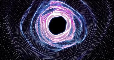 Abstract tunnel background with bright beautiful blue and purple glowing energy magical waves and lines of small digital particles photo