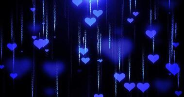 Festive blue love background of hearts flying down with blur and glow effect and particles for Valentine's Day. Abstract background photo