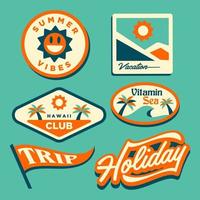 summer travel 70s sticker collection. Summer Labels. Beach party, summer vibes. 1970s Retro logo designs. Groovy prints for T-shirt, typography. Vector summer emblems templates.