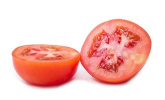 Close up photo of two halves of tomato isolated on white background with clipping path