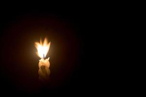 Blurred photo of single burning candle flame or light glowing on a spiral white candle on black or dark background on table in church for Christmas, funeral or memorial service