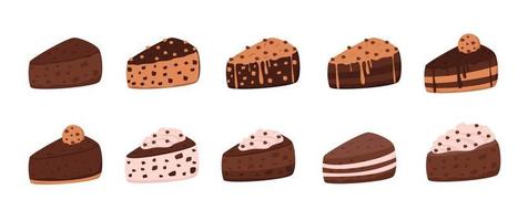 set of chocolate cake with choco chip, cookie topping and whip cream vector