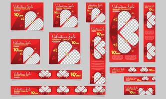 banner web de venta del día de san valentín con corazón de cinta de corazón y porcentaje de descuento en colores rojo y dorado vector