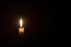 A single burning candle flame or light glowing on a spiral white candle on black or dark background on table in church for Christmas, funeral or memorial service photo