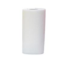 Single tall roll of white tissue paper or napkin for use in toilet or restroom isolated on white background with clipping path photo