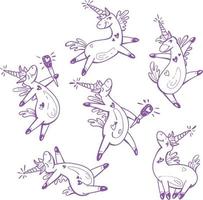 Set of cute unicorns Hand drawn line style Unicorn singing in microphone vector