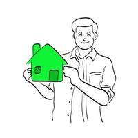 line art half length of man holding small green house illustration vector hand drawn isolated on white background