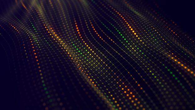 Futuristic glowing wave. The concept of big data. Network connection. Cybernetics and technology. Abstract dark background of moving green and orange dots. 3d rendering. photo