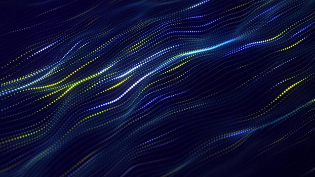 Futuristic glowing wave. The concept of big data. Network connection. Cybernetics and technology. Abstract blue background of moving blue and yellow dots. 3d rendering. photo