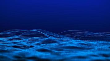 Dna from a moving wave and particles. Abstract dark background. The science of medicine. Biotechnology. The concept of a gene cell. Blue dots and lines. 3d rendering photo