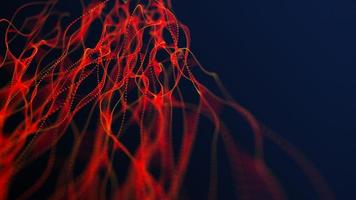 Dna from a moving wave and particles. Abstract dark background. The science of medicine. Biotechnology. The concept of a gene cell. Red dots and lines. 3d rendering photo