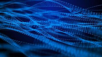 Dna from a moving wave and particles. Abstract dark background. The science of medicine. Biotechnology. The concept of a gene cell. Blue dots and lines. 3d rendering photo