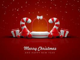 Merry christmas and happy new year with 3d empty podium and christmas ornaments background photo