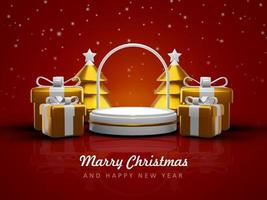 Merry christmas and happy new year with 3d empty podium and christmas ornaments background photo