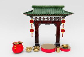 The entrance Chinese arch gate decor with hanging lanterns and podium 3d illustration. photo