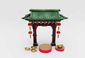 The entrance Chinese arch gate decor with hanging lanterns and podium 3d illustration. photo