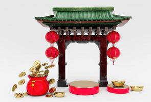 The entrance Chinese arch gate decor with hanging lanterns and podium 3d illustration. photo