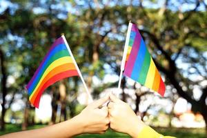 Asian lesbian couple holding hands holding LGBT flag to show love Pride of being LGBT. soft and selective focus. photo