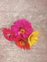 flores de colores estéticos sobre fondo de textura de madera foto