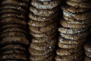 Chocolate cookies, many thin brownie chocolate cookies with salt. photo