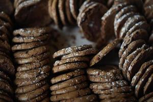 Chocolate cookies, many thin brownie chocolate cookies with salt. photo