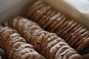 Chocolate cookies, many thin brownie chocolate cookies with salt. photo