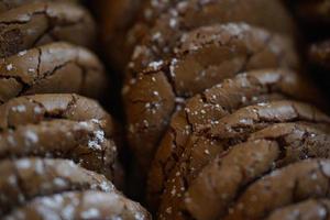 Chocolate cookies, many thin brownie chocolate cookies with salt. photo