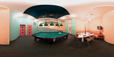 Panorama in interior billiard wooden hall. Full spherical 360 by 180 degrees seamless panorama in equirectangular equidistant projection. VR content photo