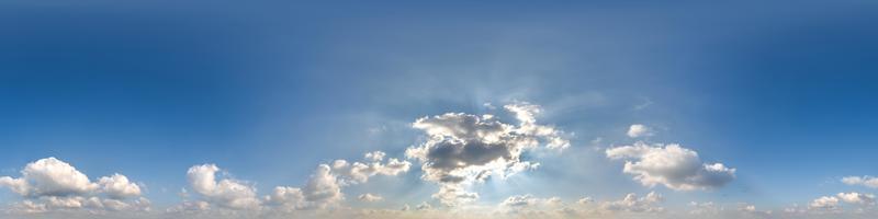 blue sky with cumulus clouds as seamless hdri 360 panorama with zenith in spherical equirectangular projection may use for sky dome replacement in 3d graphics or game development and edit drone shot photo