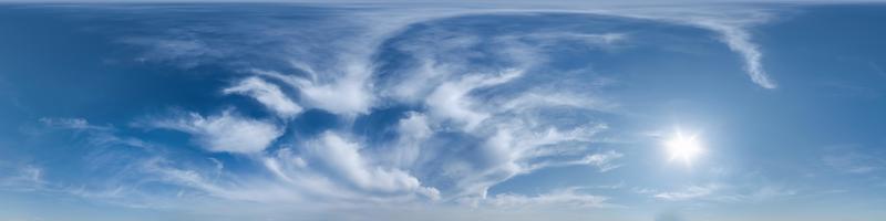 blue sky with cumulus clouds as seamless hdri 360 panorama with zenith in spherical equirectangular projection may use for sky dome replacement in 3d graphics or game development and edit drone shot photo