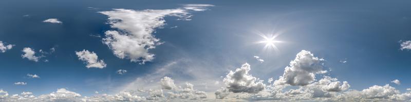 blue sky with cumulus clouds as seamless hdri 360 panorama with zenith in spherical equirectangular projection may use for sky dome replacement in 3d graphics or game development and edit drone shot photo