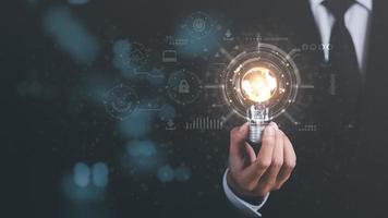 Digital network data connection technology, modern communication with information technology, online backup innovation with highly secured protection, light bulb in businessman hand photo