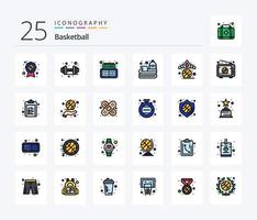 paquete de íconos rellenos de 25 líneas de baloncesto que incluye al ganador. diadema. puntaje. corona. juego