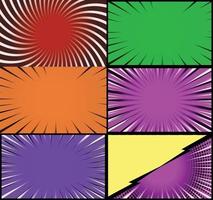 Comic book colorful frames background with halftone rays radial and dotted effects pop art style vector