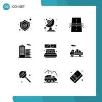 Pack of 9 Modern Solid Glyphs Signs and Symbols for Web Print Media such as room bed creative office business Editable Vector Design Elements