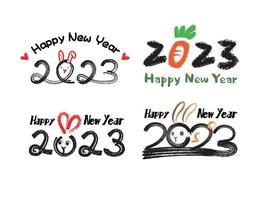 Set of 2023 Happy New Year logo typography design. 2023 number and rabbit design template. Collection of 2023 Happy New Year symbols. Vector illustration with labels isolated on white background.