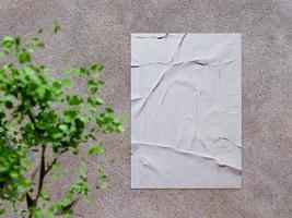 Blank poster glued to plaster wall near tree branch for mockup, 3d render photo