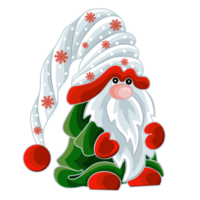 Cute cartoon winter gnome in a  cap with a pattern of snowflakes. png