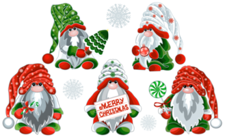 gnomes et flocons de neige d'hiver de dessin animé mignon. illustration png avec fond transparent.