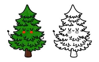 Funny cute happy Christmas tree characters bundle set. Vector hand drawn cartoon kawaii character illustration icon. Cute spruce. Outline cartoon illustration for coloring book