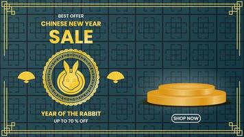 chinese new year sale design template with rabbit, podium and dark green background. used for promotion, advert and ads vector