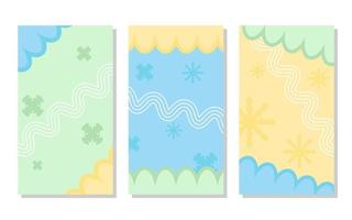 set of pastel blue, green and orange abstract portrait background with flowers and wavy lines. simple, flat and colorful. used for wallpaper, backdrop,  copy space and poster vector